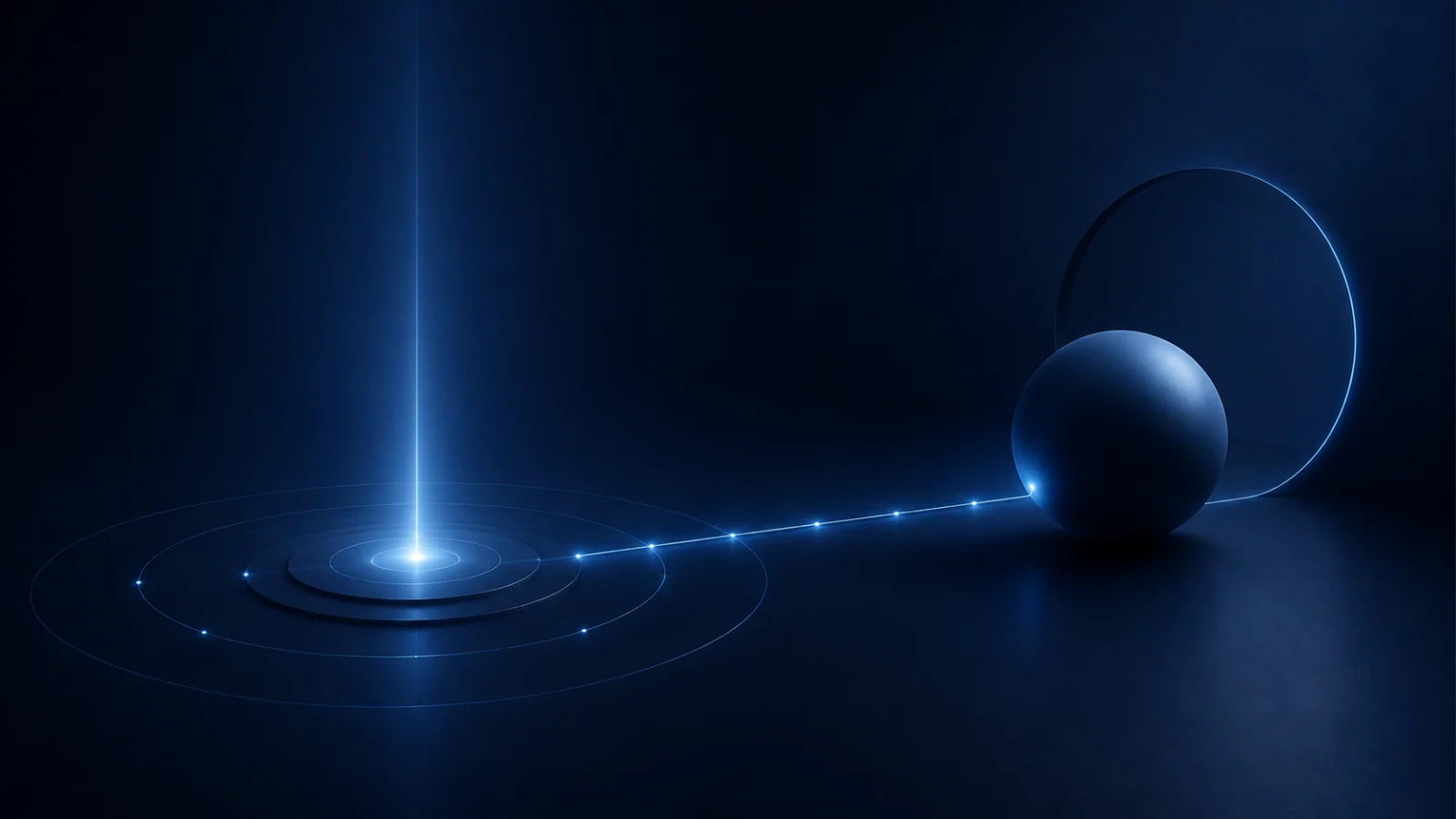 A beam of light meeting a sphere held in orbit, for the Need To Talk article “AI in marketing: judgment first, automation second”
