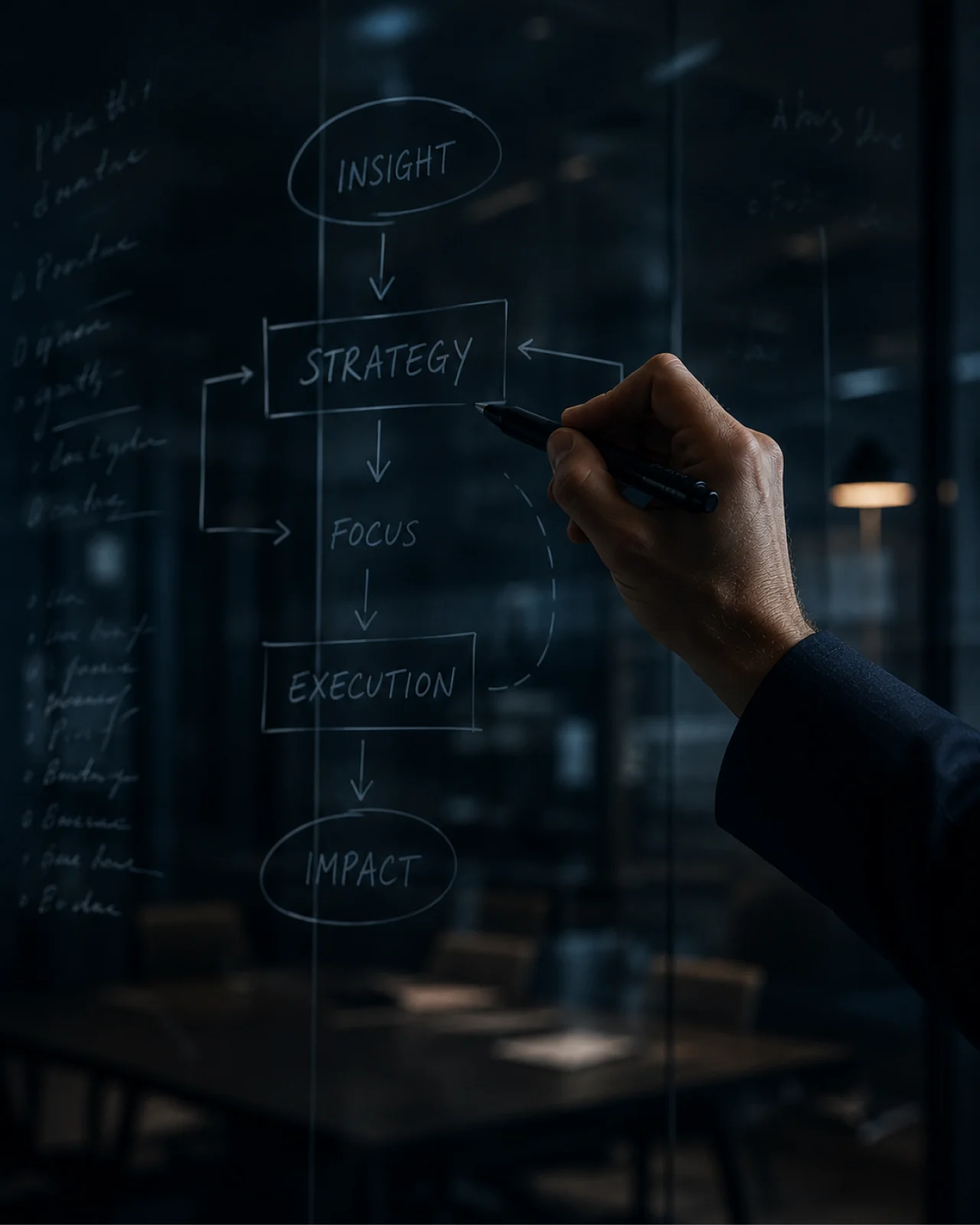 An advisor mapping insight, strategy, focus, execution and impact onto a glass board