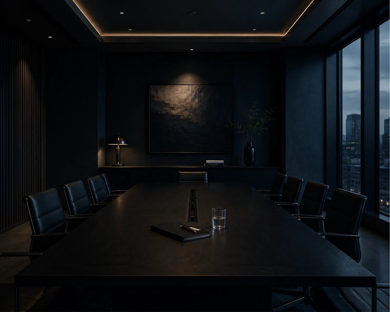 The advisory room — an executive meeting table set before floor-to-ceiling windows at dusk