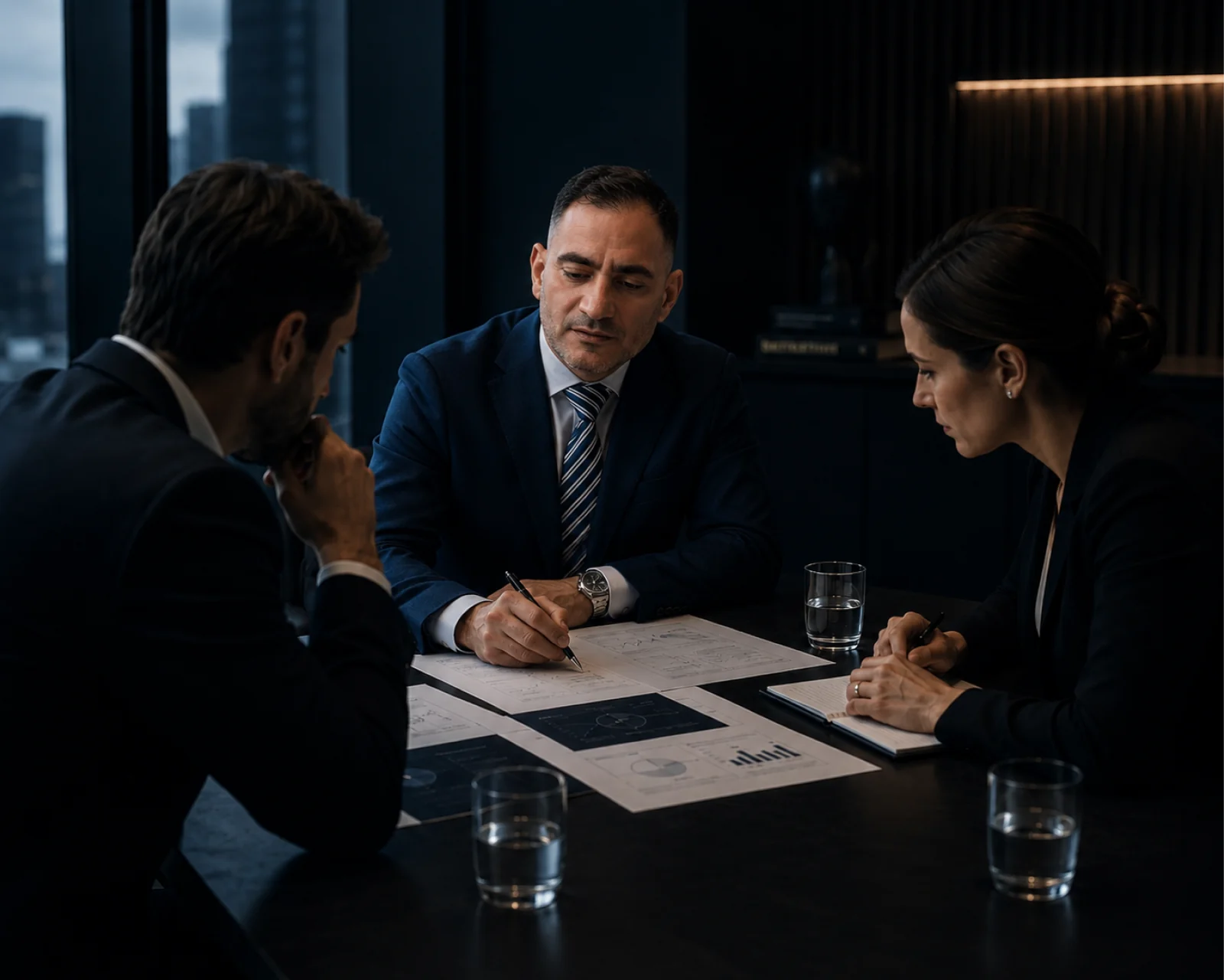 ثلاثة تنفيذيين يراجعون وثائق الاستراتيجية معًا حول طاولة اجتماعات.