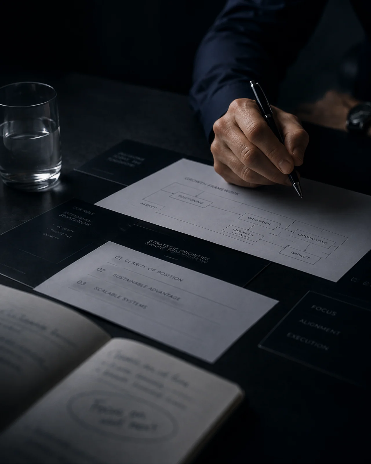 A hand annotating a printed strategy document during a working session