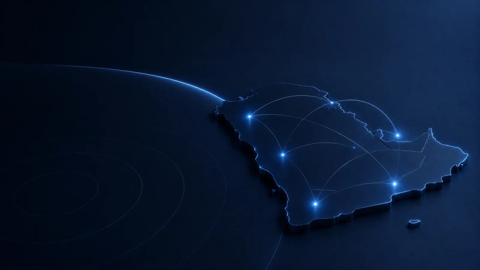 An illuminated map of the Arabian Peninsula with connected nodes, for the Need To Talk article “What growth advisory should look like in the GCC”