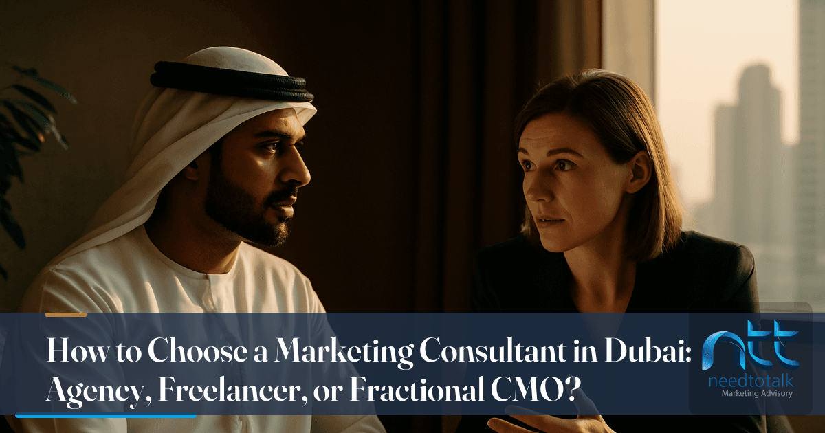 A marketing consultant reviewing a growth plan with a founder in Dubai