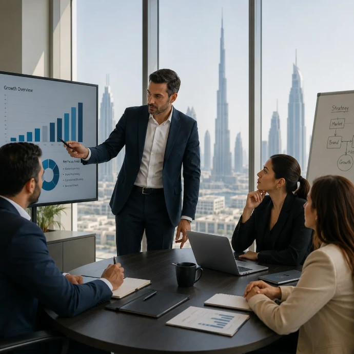 Fractional CMO working with leadership team UAE business strategy session